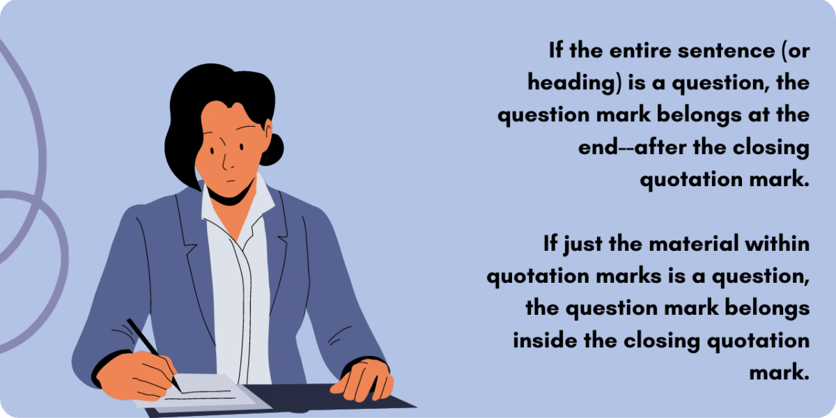 Graphic illustrating whether the question mark goes before or after the quotation mark.  If the entire sentence (or heading) is a question, the question mark belongs at the end--after the closing quotation mark.
If just the material within quotation marks is a question, the question mark belongs inside the closing quotation mark