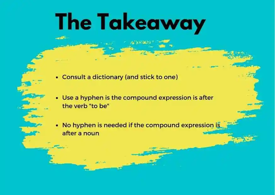 The takeaway: 1. Consult a dictionary (and stick to one) 2. Use a hyphen is the compound expression is after the verb "to be" 3. No hyphen is needed if the compound expression is after a noun