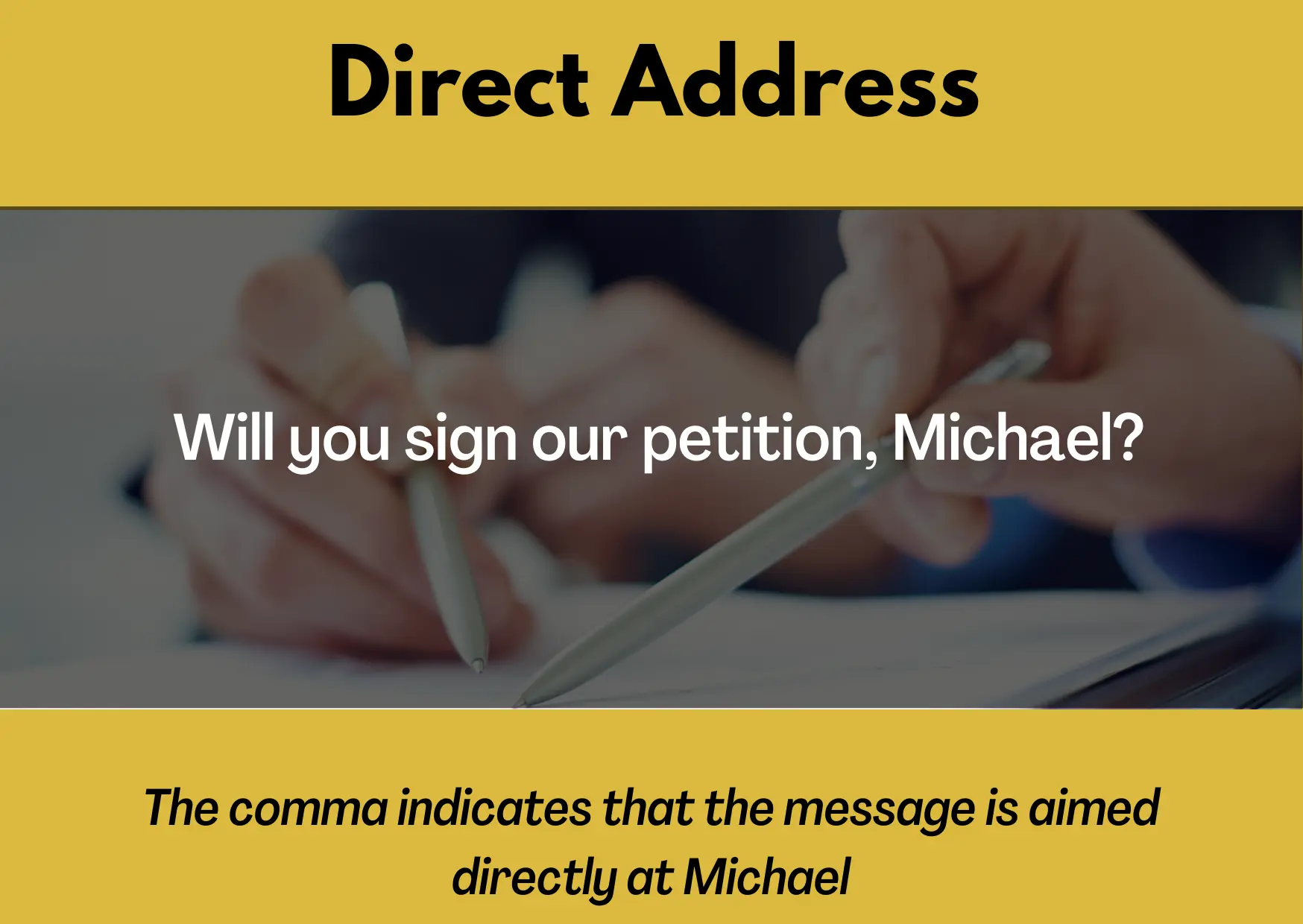A graphic explaining direct address with an example: "Will you sign our petition, Michael?" The comma indicates that the message is aimed directly at Michael.