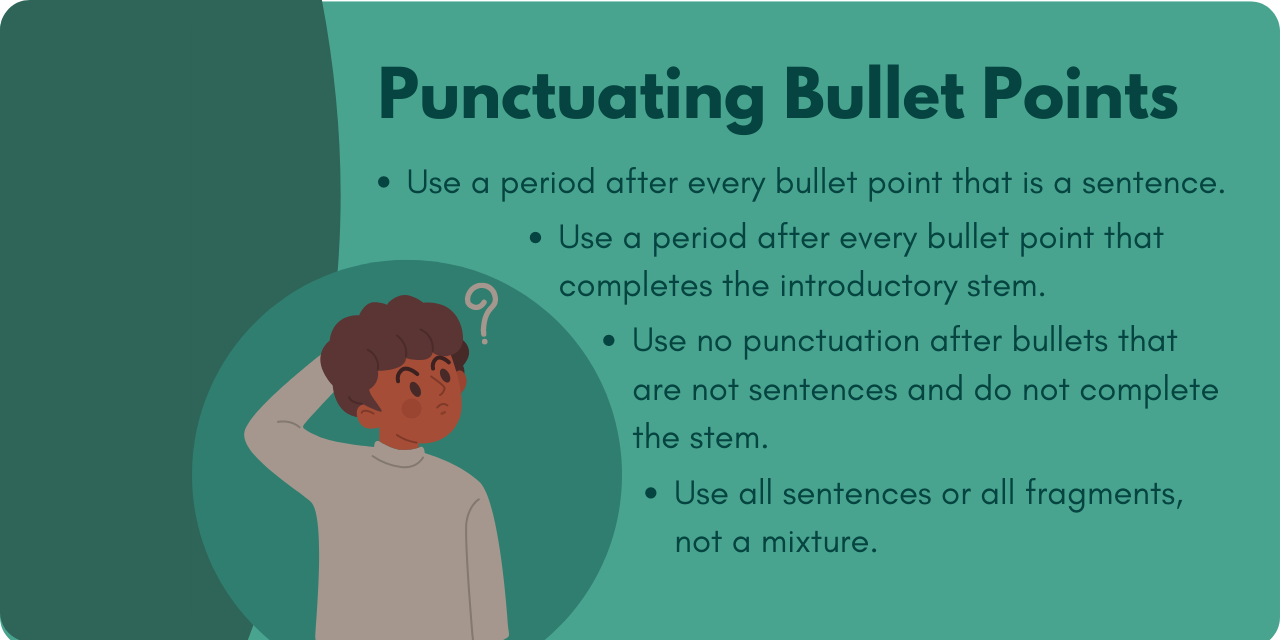 graphic listing the correct way to punctuate statements in bullet points