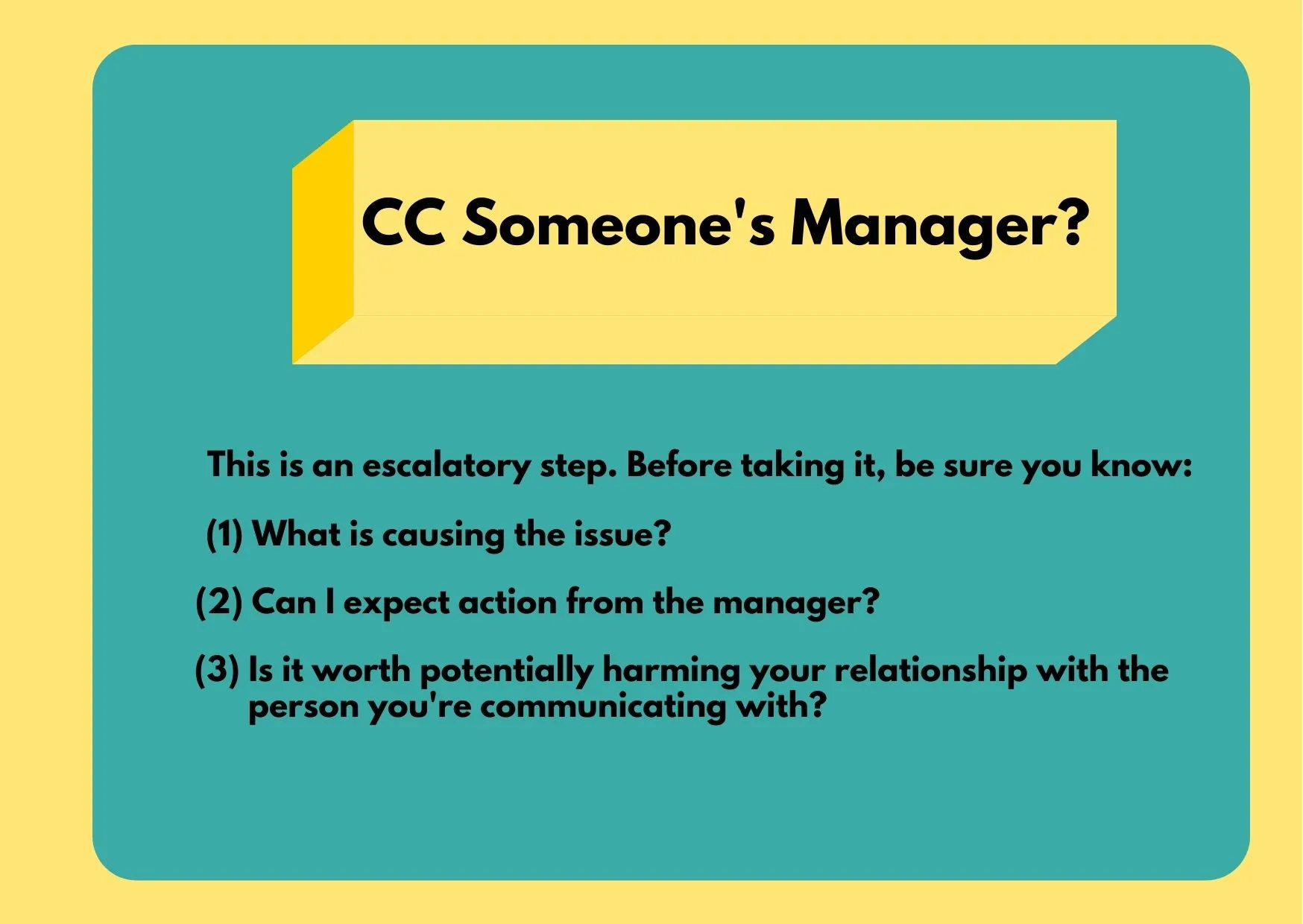 Graphic asking if you should CC Someone's manager? Answer is that you have to make sure you've done all you could, have all the information, and that's worth it to potentially harm the relationship of the person you're communicating with.