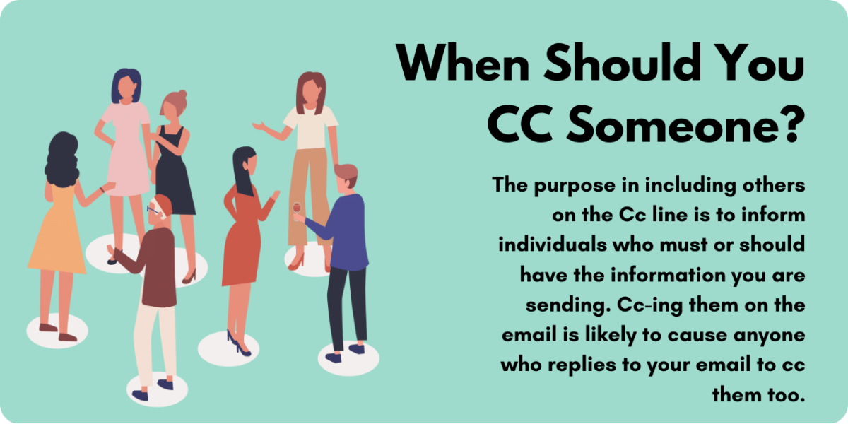 Graphic illustrating when you should CC someone on an email. he purpose in including others on the Cc line is to inform individuals who must or should have the information you are sending. 