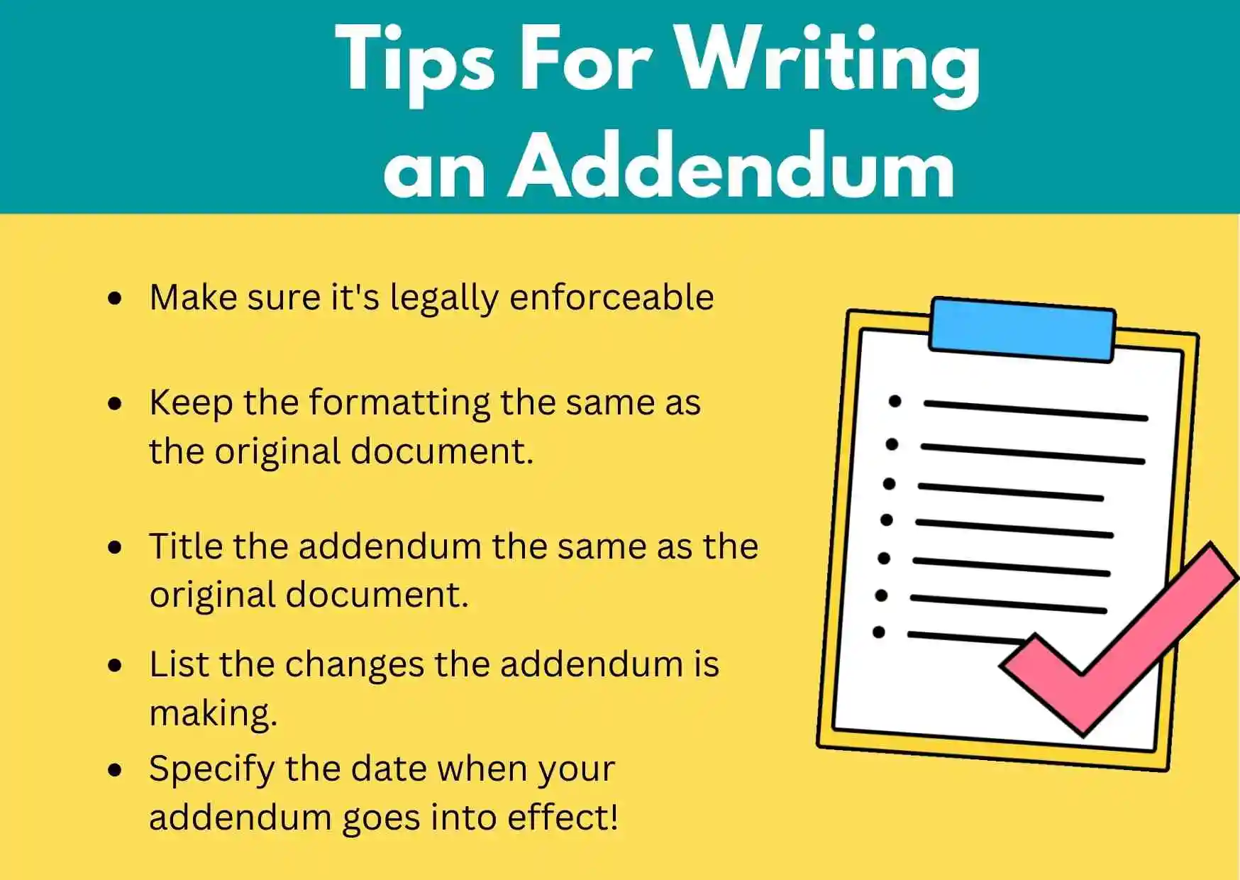 Graphic showing five tips on writing an addendum.