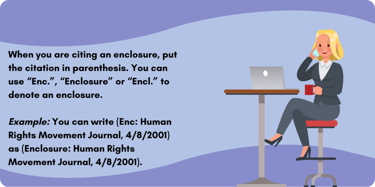 Graphic illustrating how to cite an enclosure. When you are citing an enclosure, put the citation in parenthesis. You can use “Enc.”, “Enclosure” or “Encl.” to denote an enclosure. 
