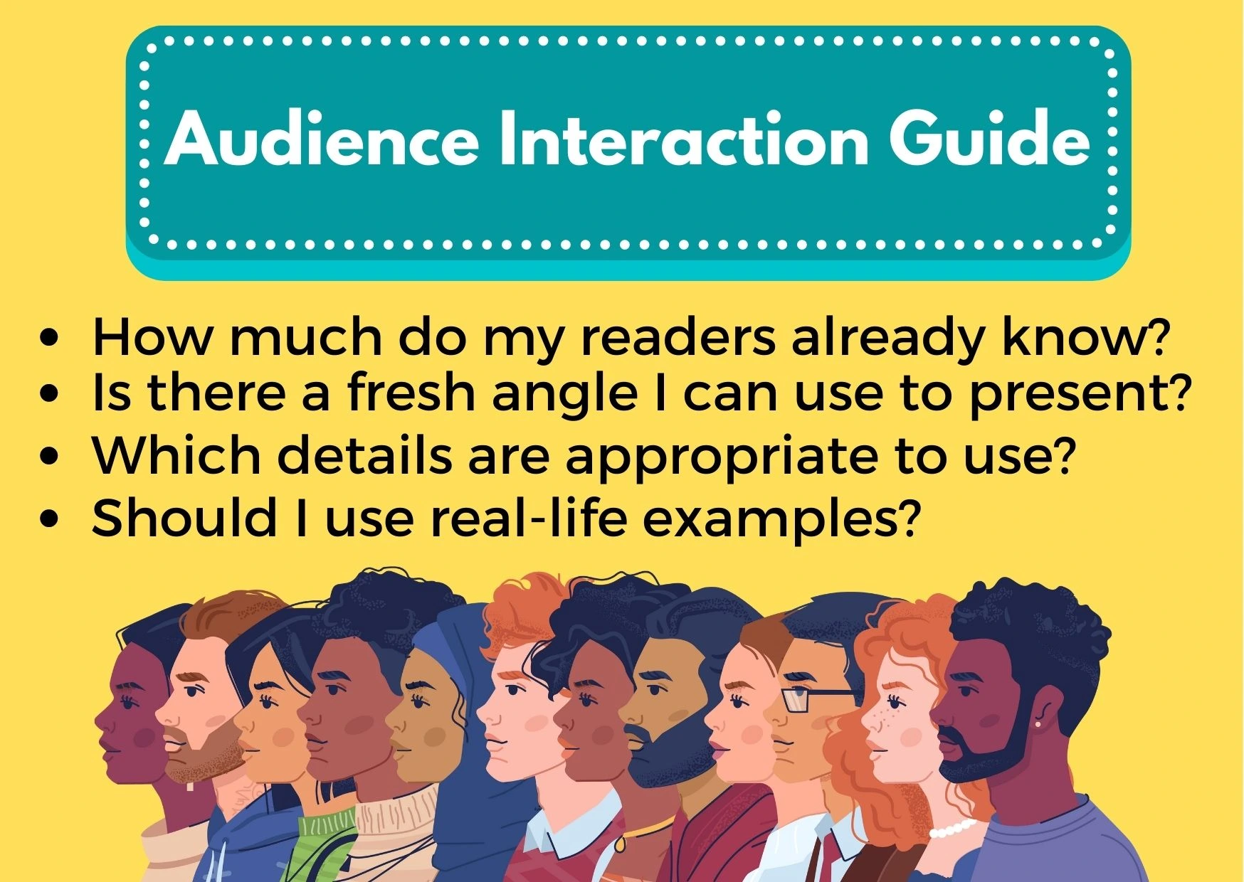 A graphic with questions meant to be an audience interaction guide.