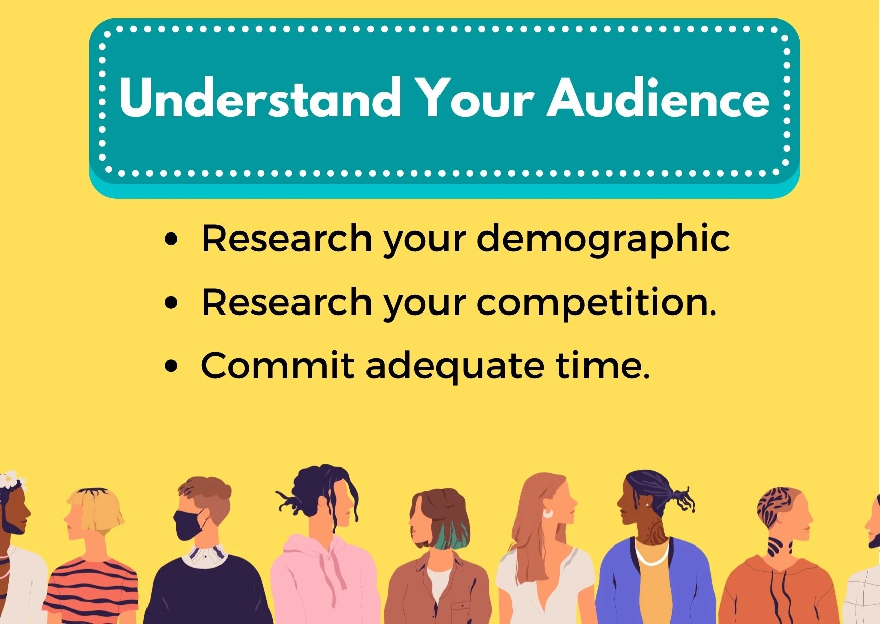 Graphic illustrating steps to take to know your audience: (1) scope out the competition (2) research your demographic (3) commit adequate time.