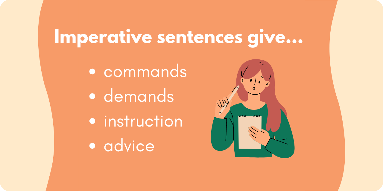 graphic stating the purposes of imperative sentences: to give commands, demands, instruction, or advice