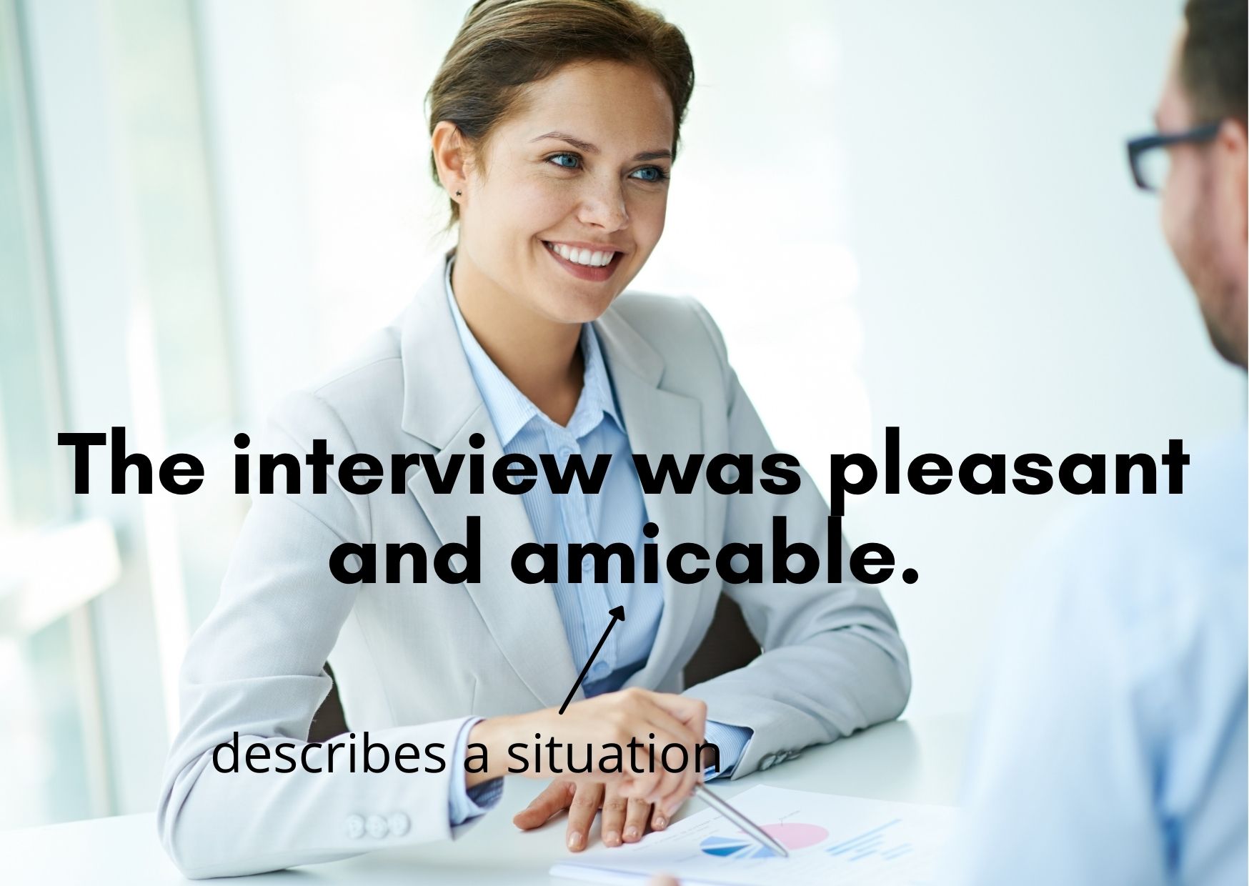 Graphic describing amiable vs. amicable but showing an example of the use of amicable: "The interview was pleasant and amicable"