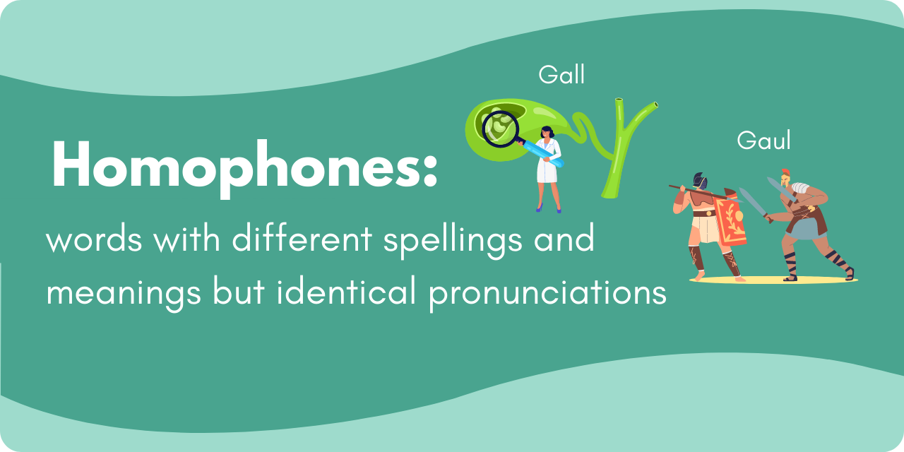 graphic giving the definition of homophones: words with different spellings and meaning but identical pronunciations