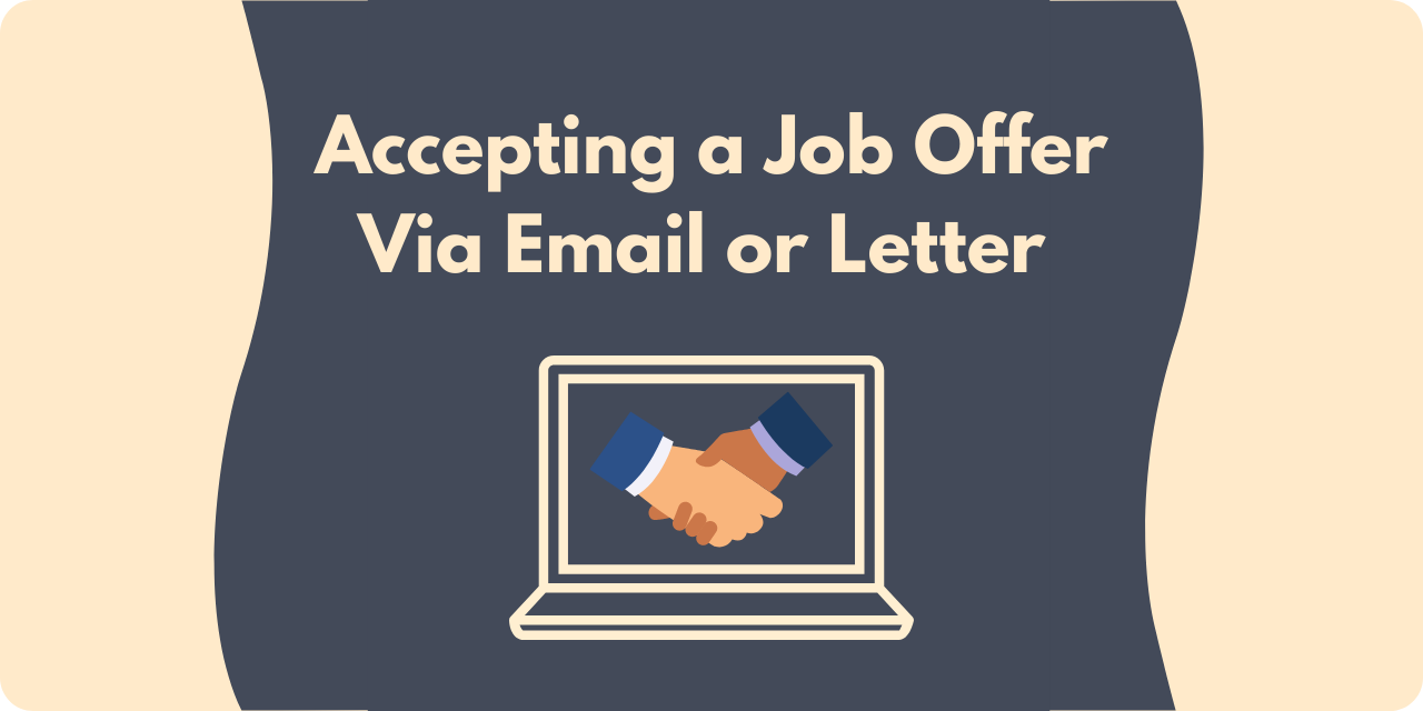 graphic showing a handshake on a laptop with the title "Accepting a Job Offer Via Email or Letter"