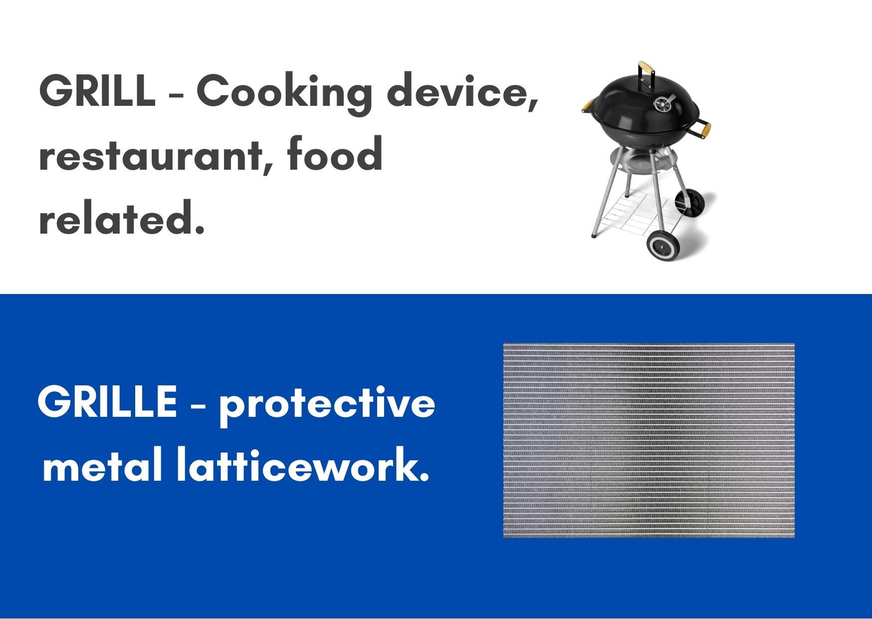 A graphic explaining the difference between a grill (cooking devise) and a grille (a metal latticework)