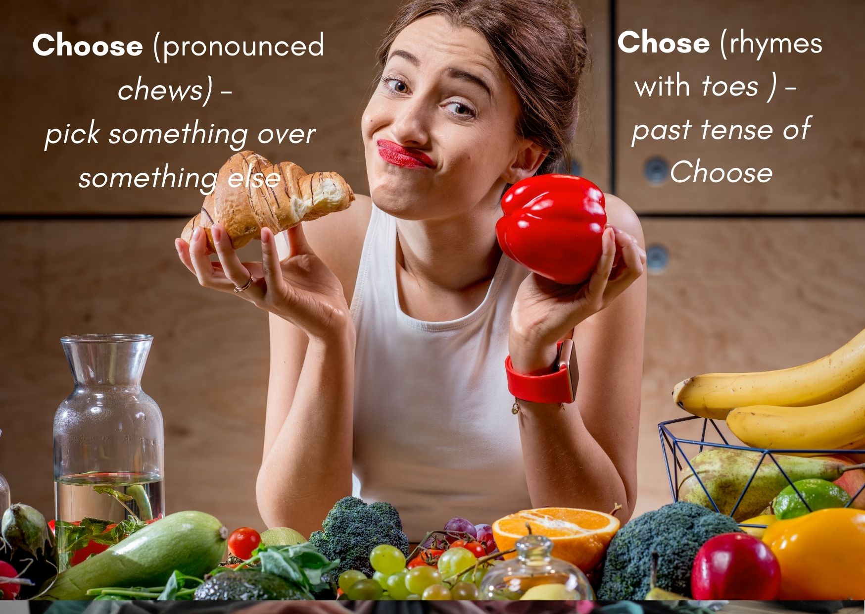 A graphic of a girl holding a croissant and an apple with the captions: 