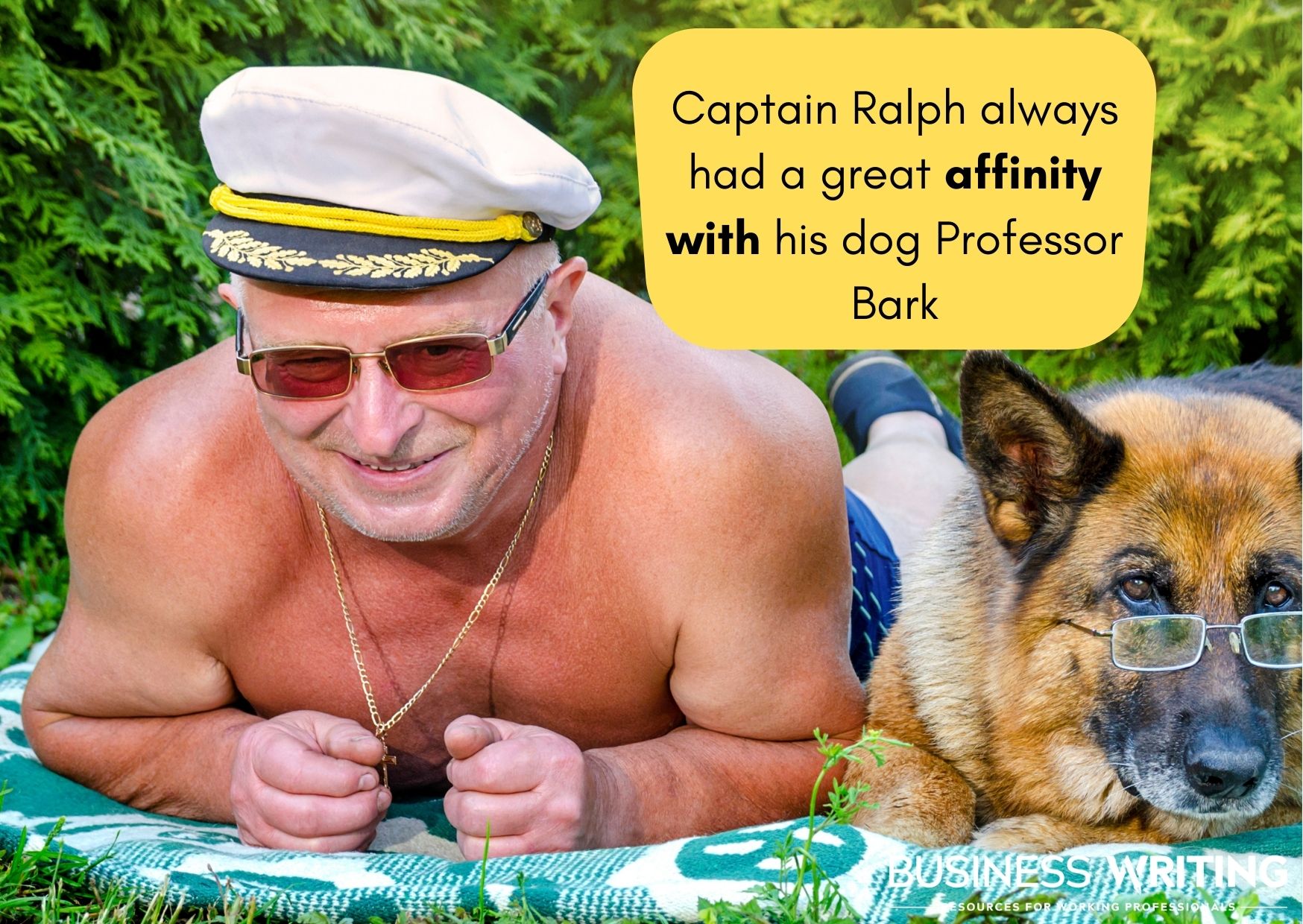 Graphic of a man with a dog and a sentence: "Captain Ralph always had a great affinity with his dog Professor Bark"