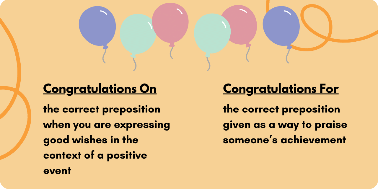 Graphic illustrating the difference between "congratulations on" and "congratulations for". On should be used when expressing good wishes in the context of a private event, whereas for is given as a way to praise the achievements of someone. 