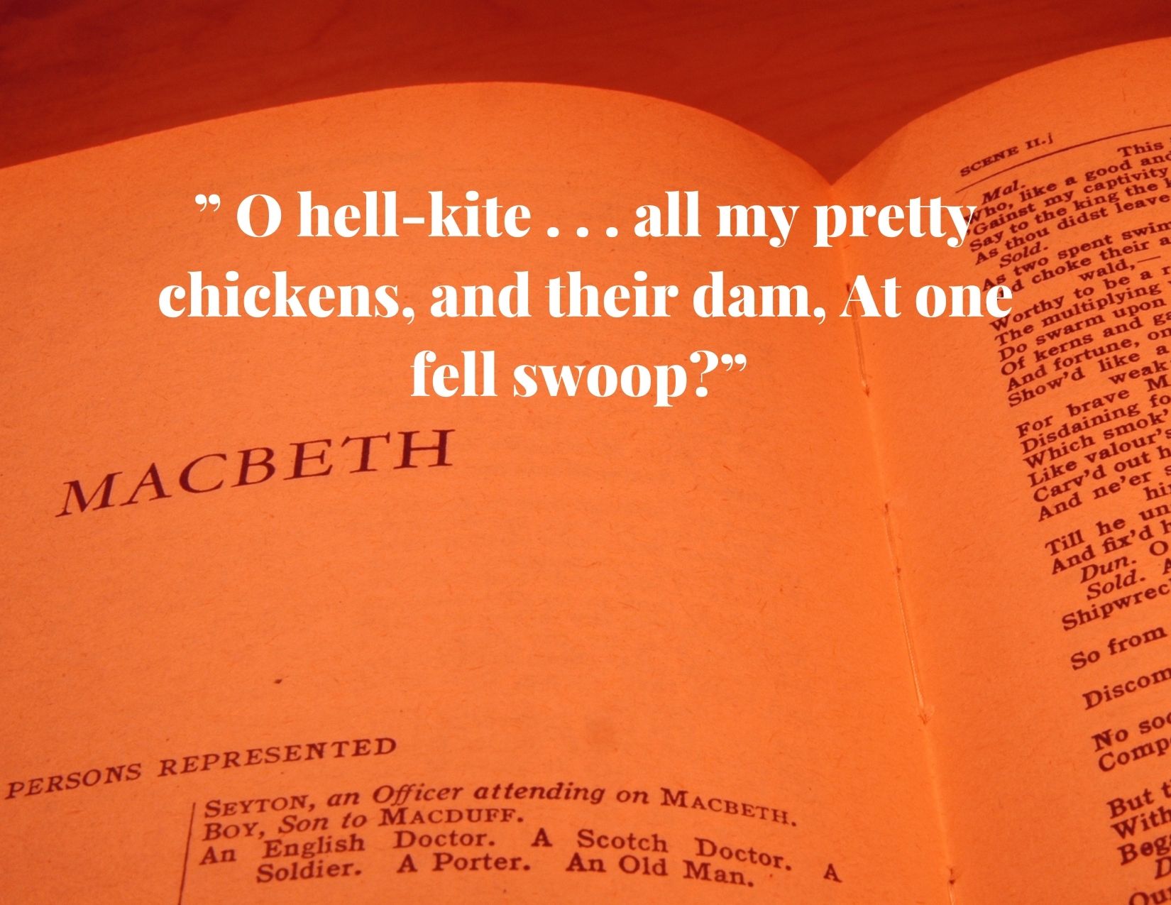 A graphic showing a quote from MacBeth: "” O hell-kite . . . all my pretty chickens, and their dam, At one fell swoop?”  to show the origins of the phrase of "One Fell Swoop," also now used as "One Foul Swoop"