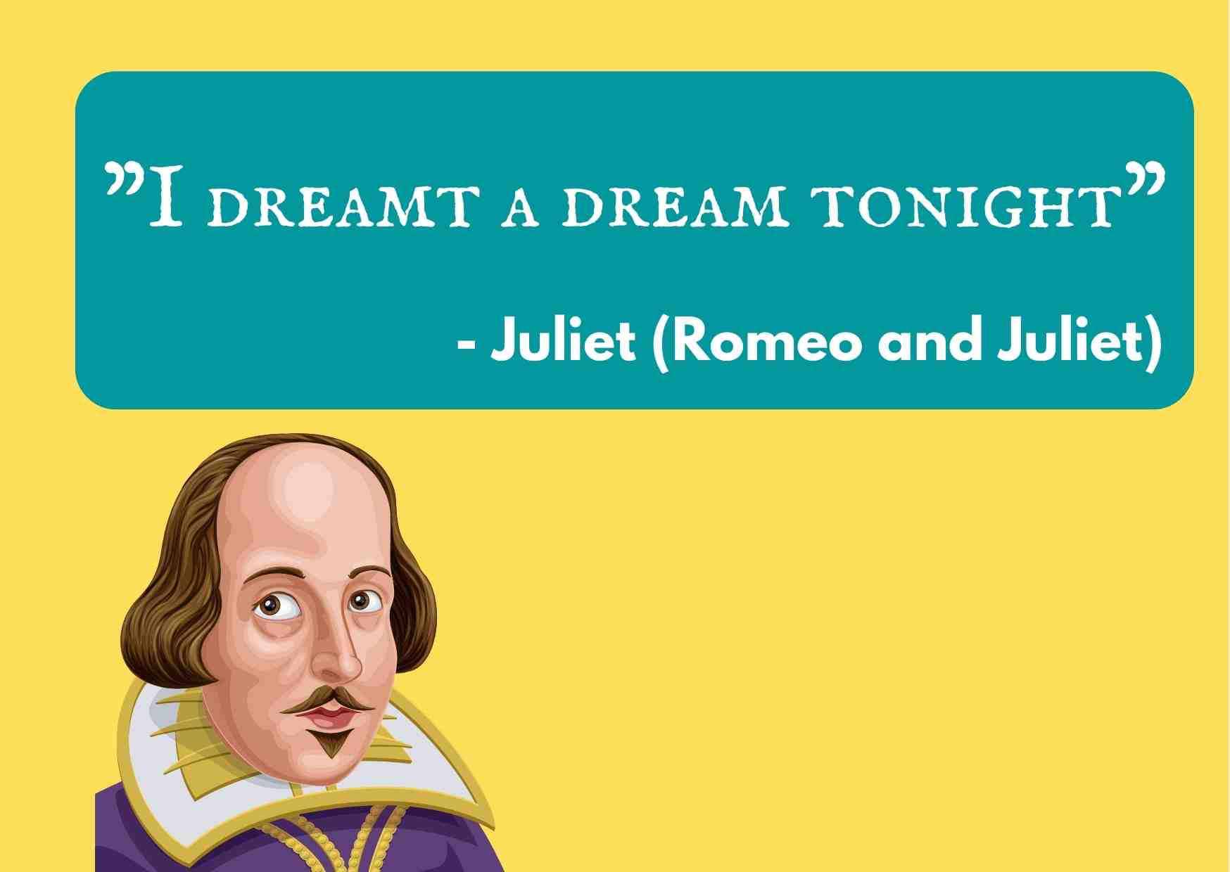 A graphic of William Shakespear with a quote from his "Romeo and Juliet:" "I dreamt a dream tonight" - Juliet