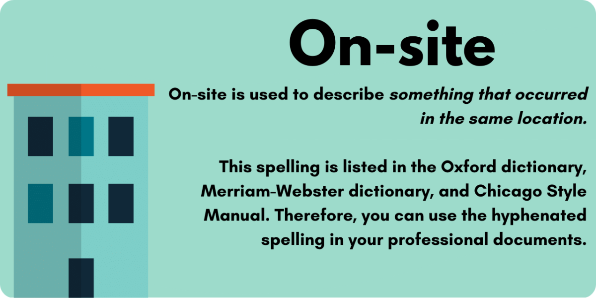 Graphic illustrating the meaning and usage of the word on-site.  This word is used in professional documents to describe something that occurred in the same location. 