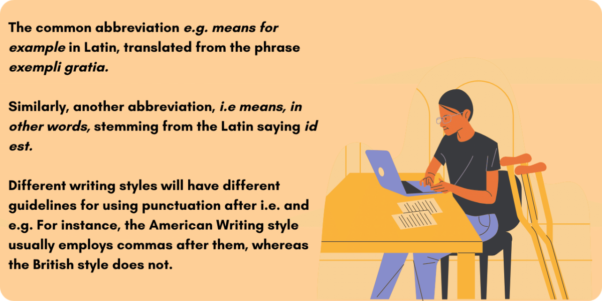 Graphic illustrating whether you should use a comma after e.g.
Different writing styles will have different guidelines for using punctuation after i.e. and e.g. For instance, the American Writing style usually employs commas after them, whereas the British style does not. 