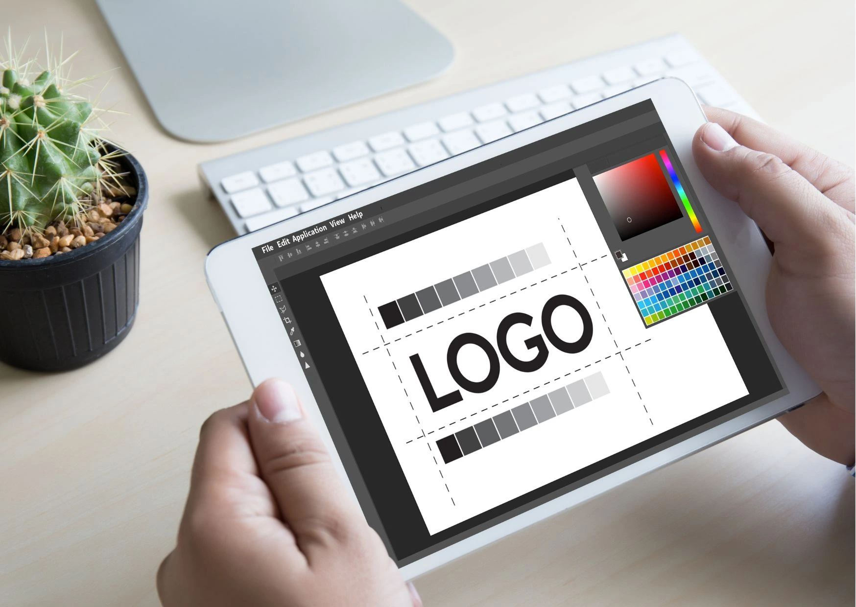 A graphic of two hands holding a tablet with the word logo