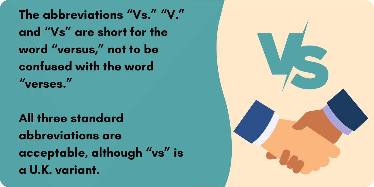 Graphic illustrating the difference between "vs." "v" and "vs" as they relate to the word "versus" .