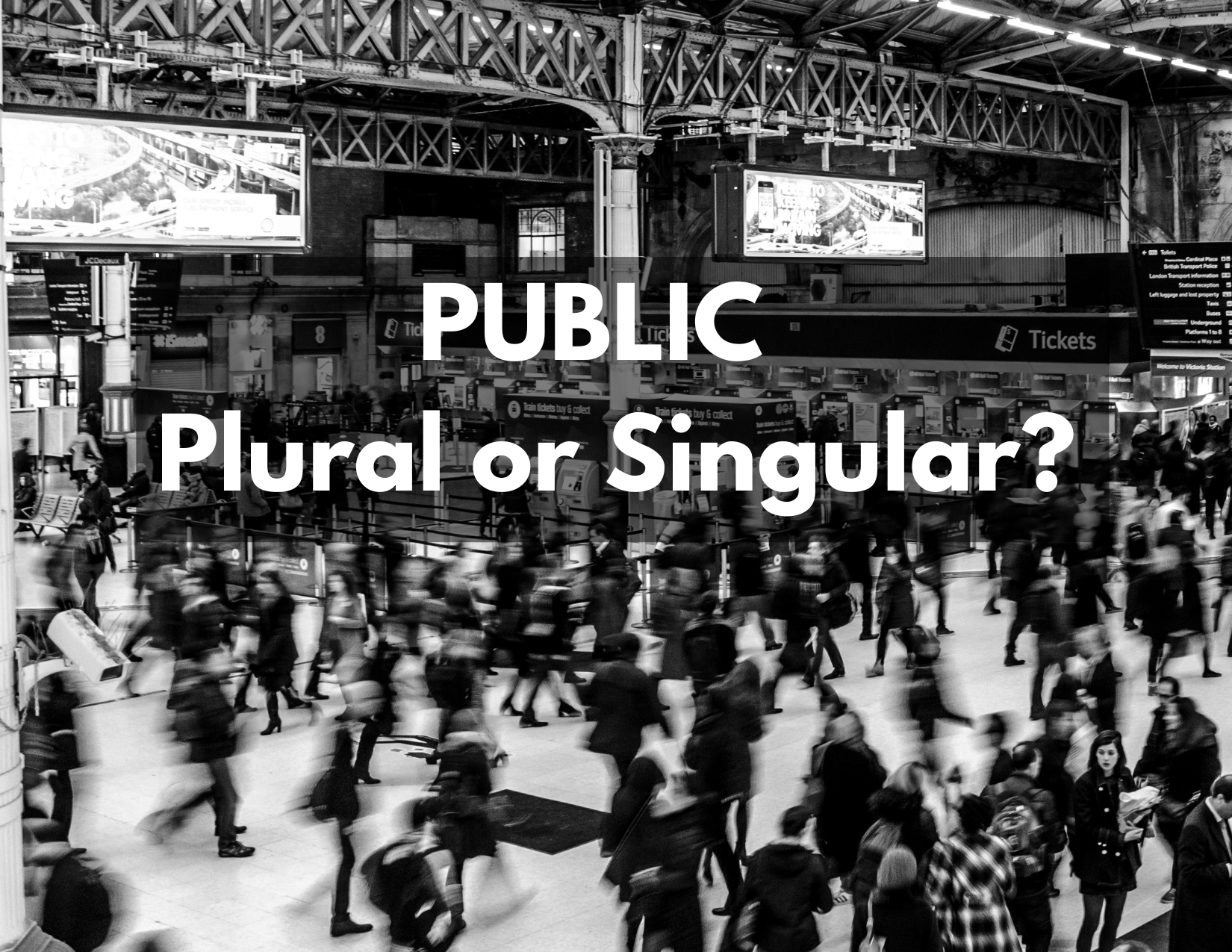 A graphic of a busy train station with the caption: public singular or plural