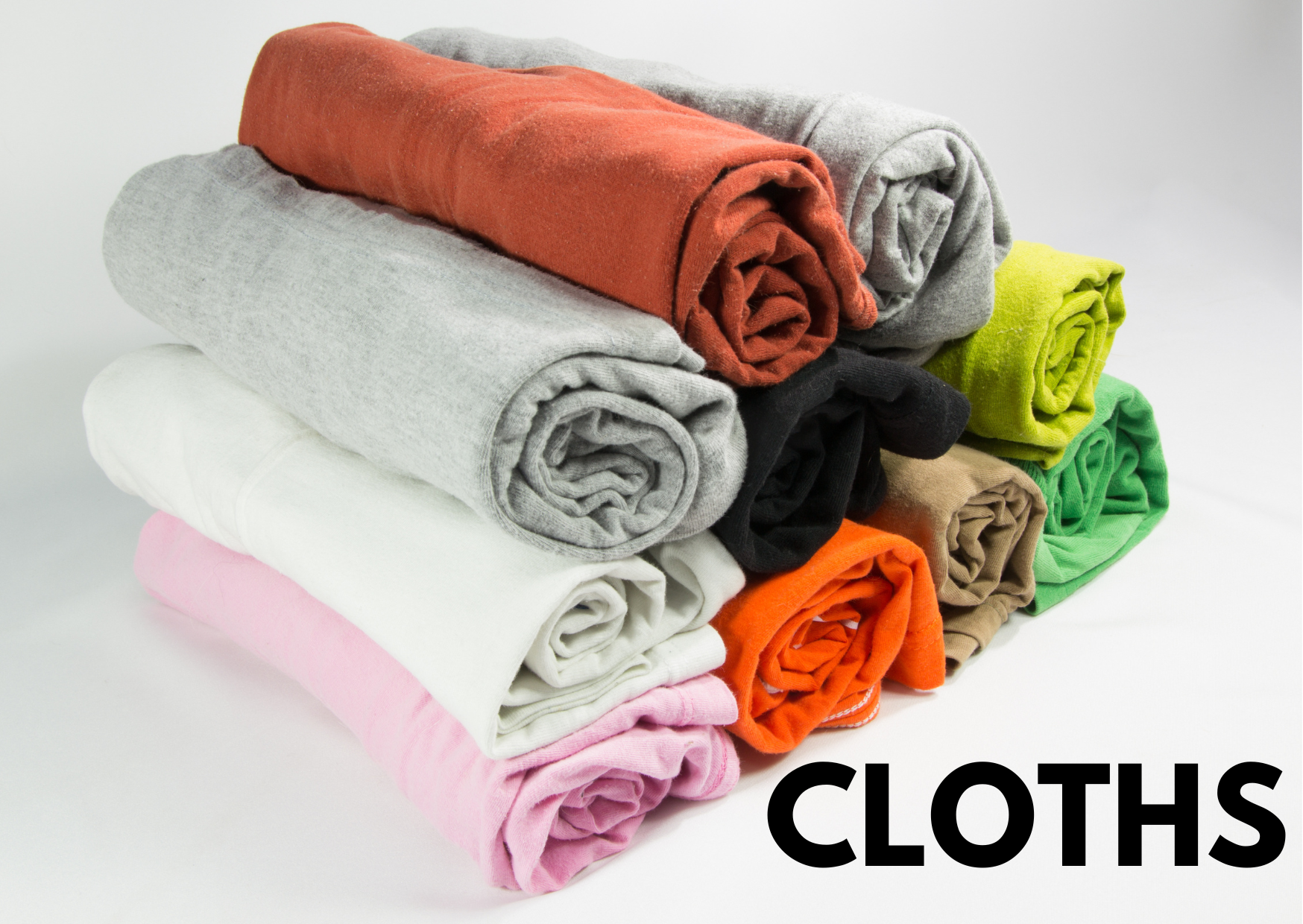A picture of different coloured cloths and the caption "cloths"
