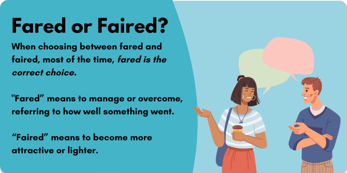 Graphic illustrating whether to use fared or faired.  General speaking, the correct term to use is fared, which means to manage or overcome. 