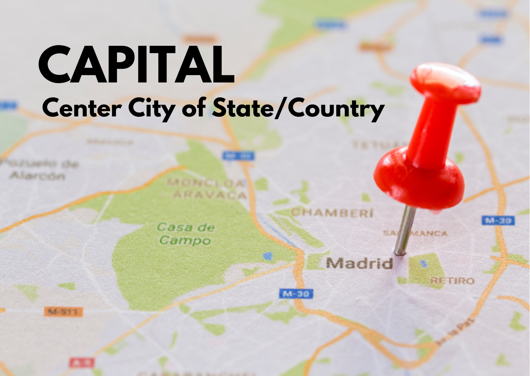 A picture of a map with a red pin next to Madrin and the caption: "Capital: Center city of state/country