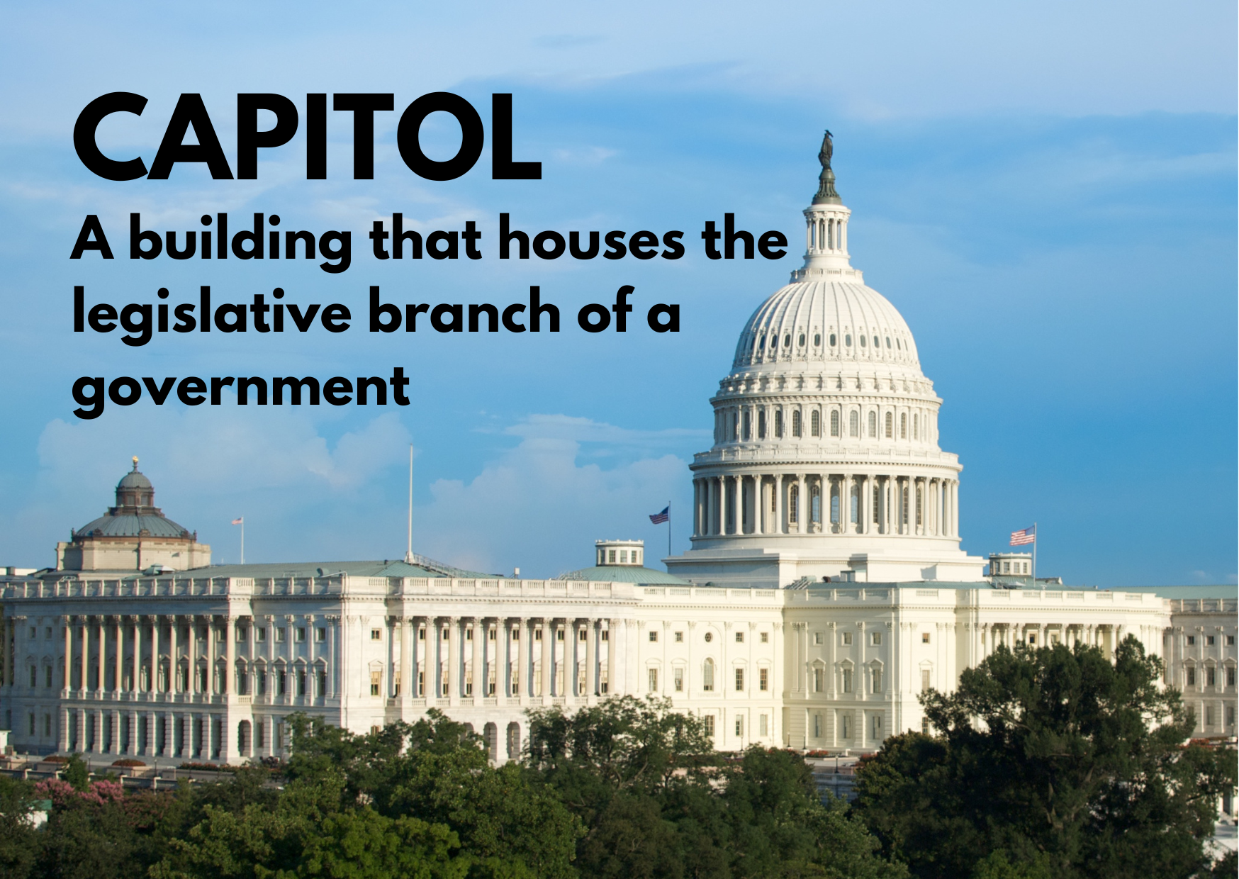 A picture of the capitol building with the explanation: Capitol - A building that houses the legislative branch of government.