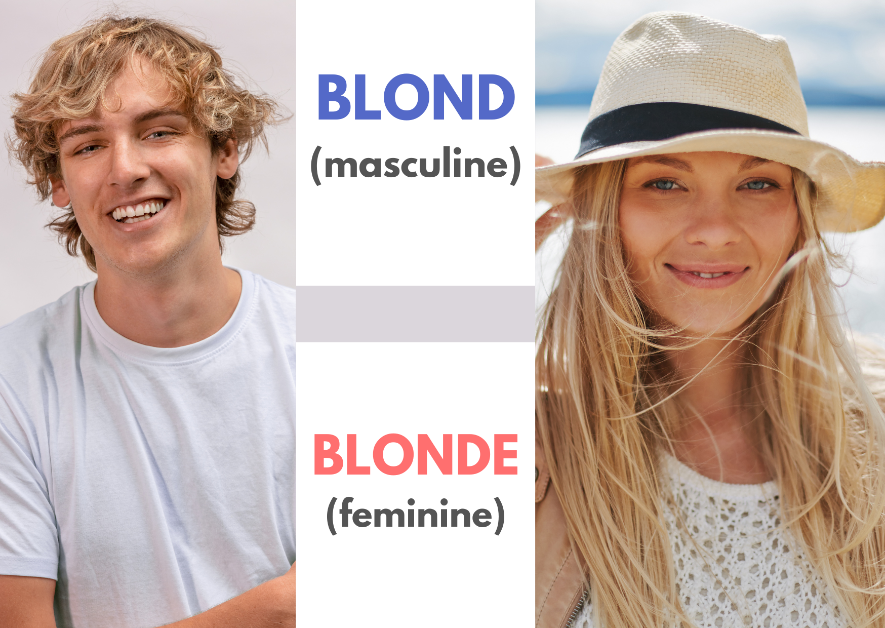A picture of a blond man with the caption "Blond (masculine)" and a blonde woman with the caption "Blonde (feminine)"