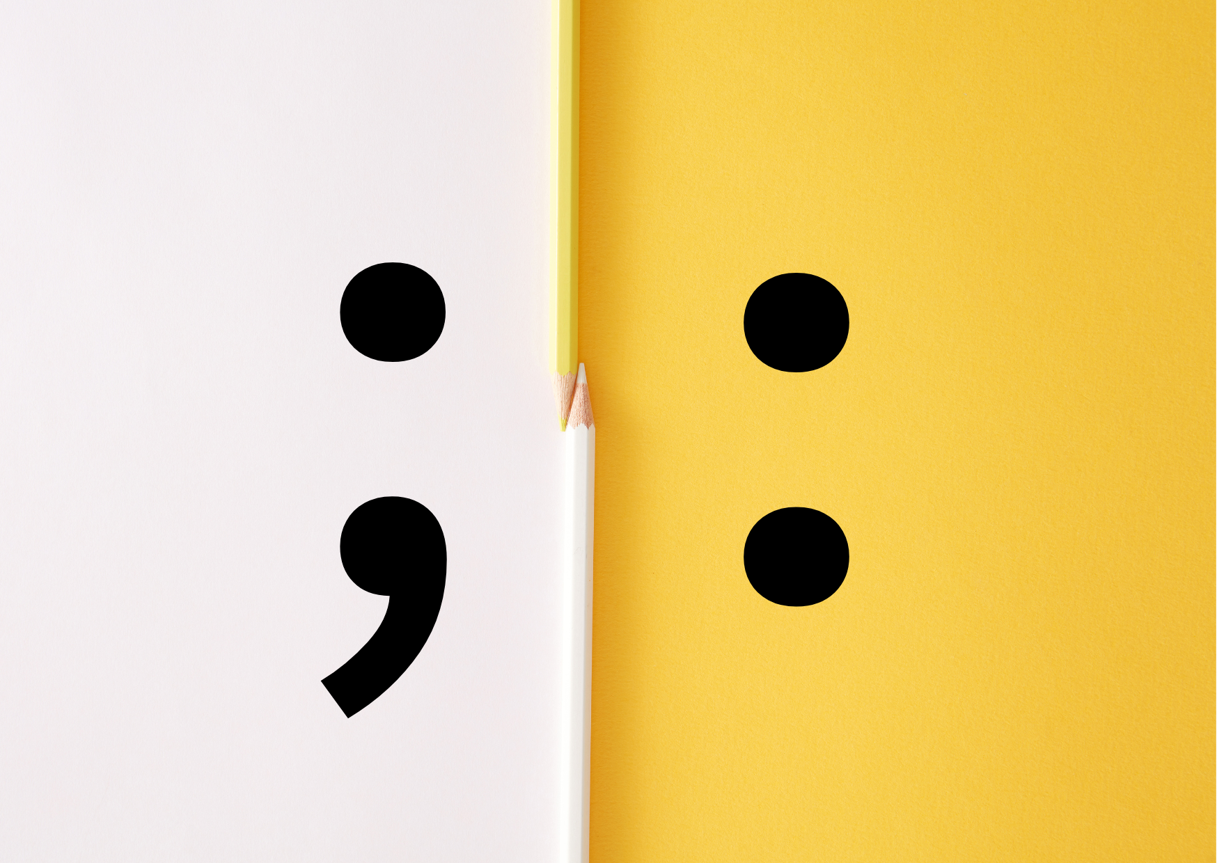 A white and yellow background separated by a pencil with a semicolon on the left and a colon on the right