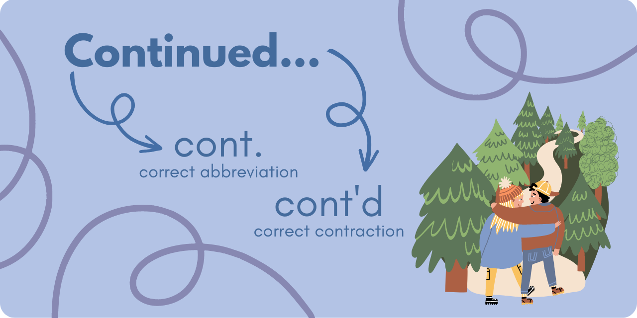 graphic showing 2 options for shortening the word "continued:" "cont." and "cont'd"