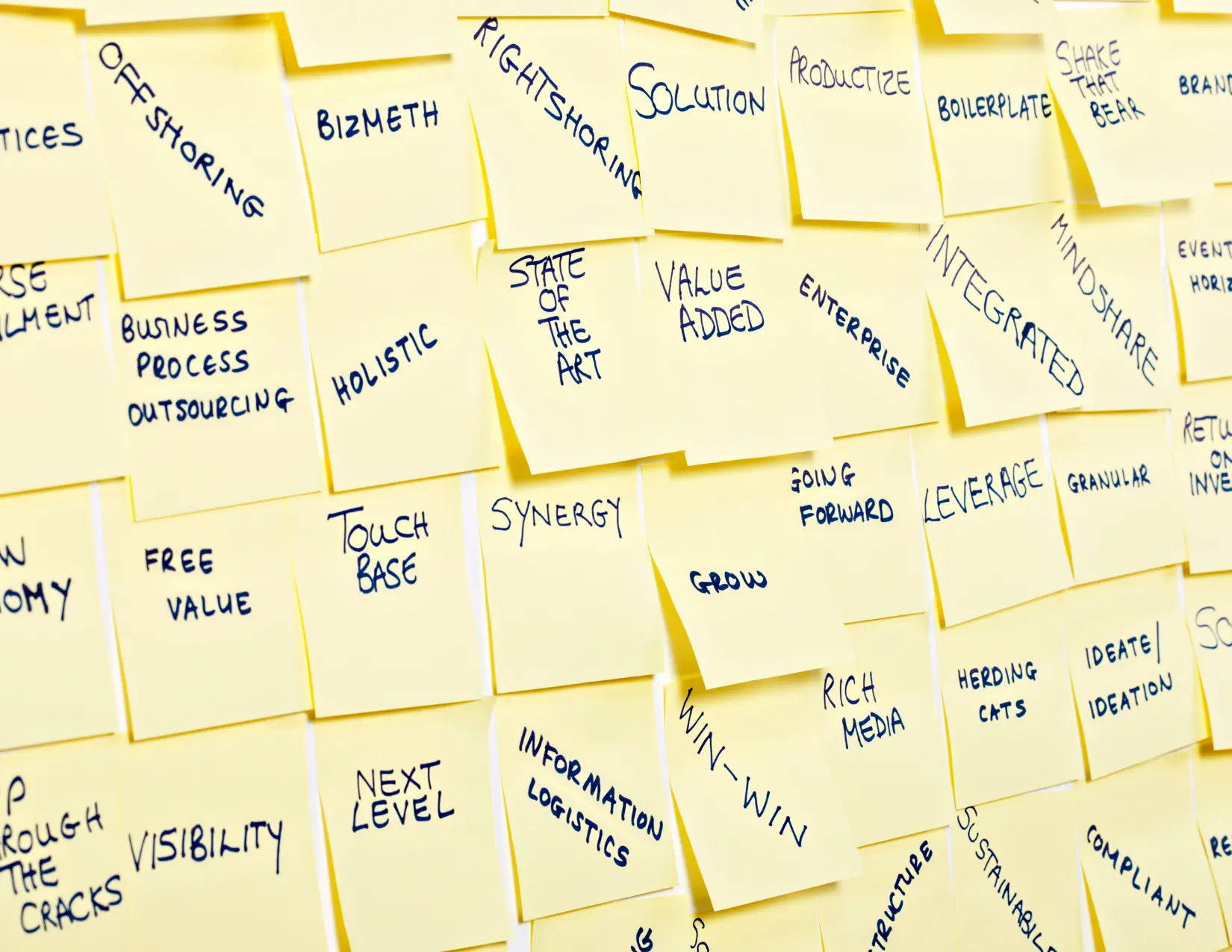 A wall of stickies with various jargon terminology. 