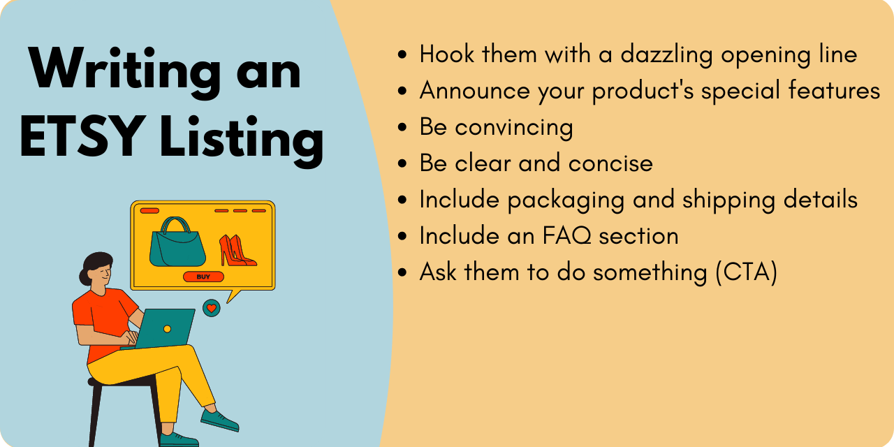 A graphic of a woman sitting on a chair, shopping on her laptop. Above her are the words: "Writing an ETSY listing". To the right are the bullet points of the H3 headings listed below the graphic. 