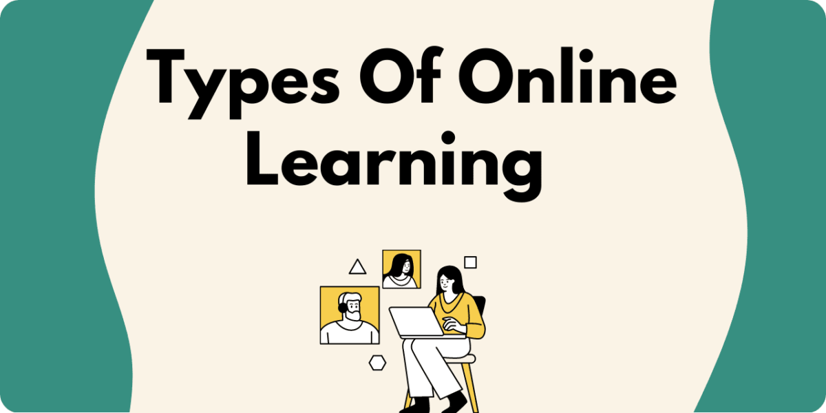 A graphic of a woman in front of a computer with the words "Types of Online Learning"
