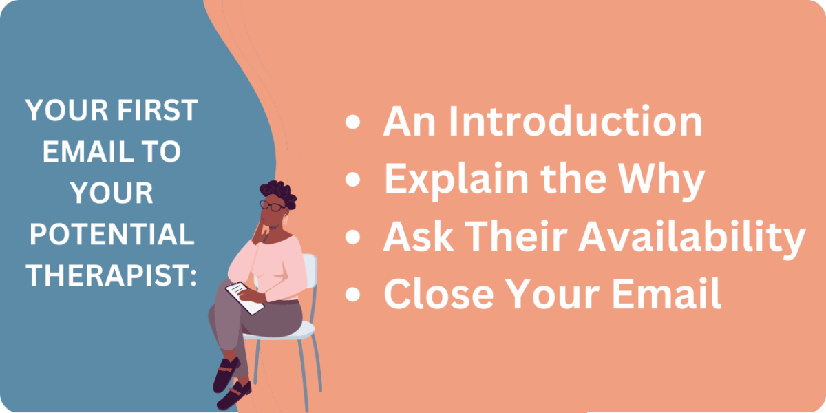 A graphic showing a therapist sitting on a chair with the text detailing the main bulletpints of how to email your therapist for the first time: "An Introduction,
Explain the Why,
Ask Their Availability,
Close Your Email"