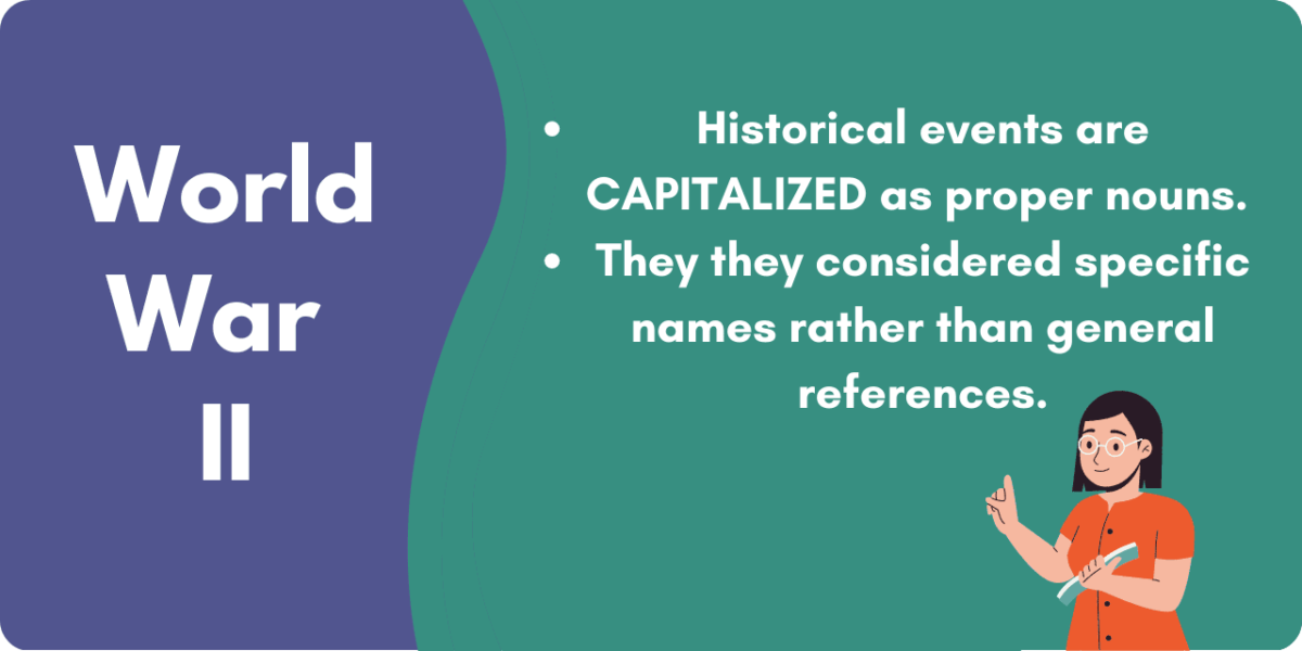 Graphic answering the question "Is World War capitalized" by stating the all historical events are capitalized as proper nouns"