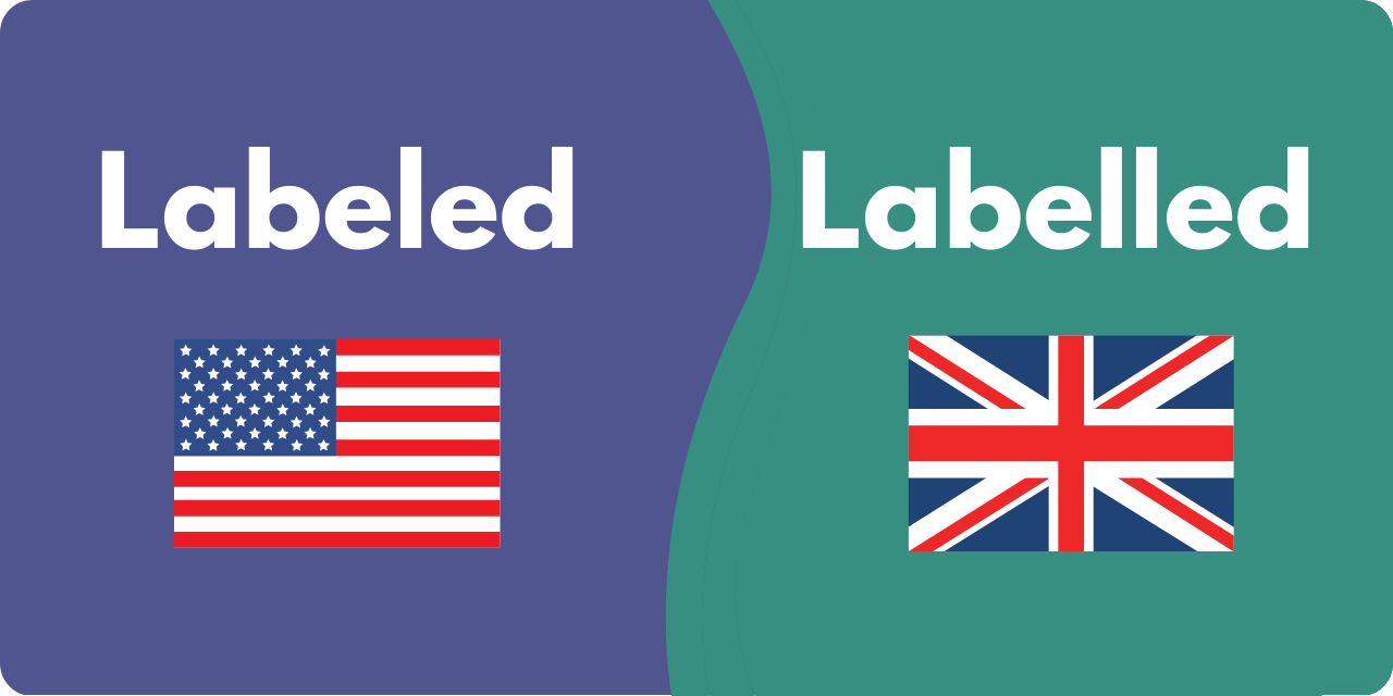 labeled above an American flag signifying a US spelling, labeled above a British flag, signifying a British spelling
