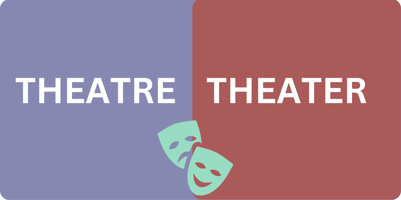 Graphic of theatre masks with the text "theatre vs. theater"
